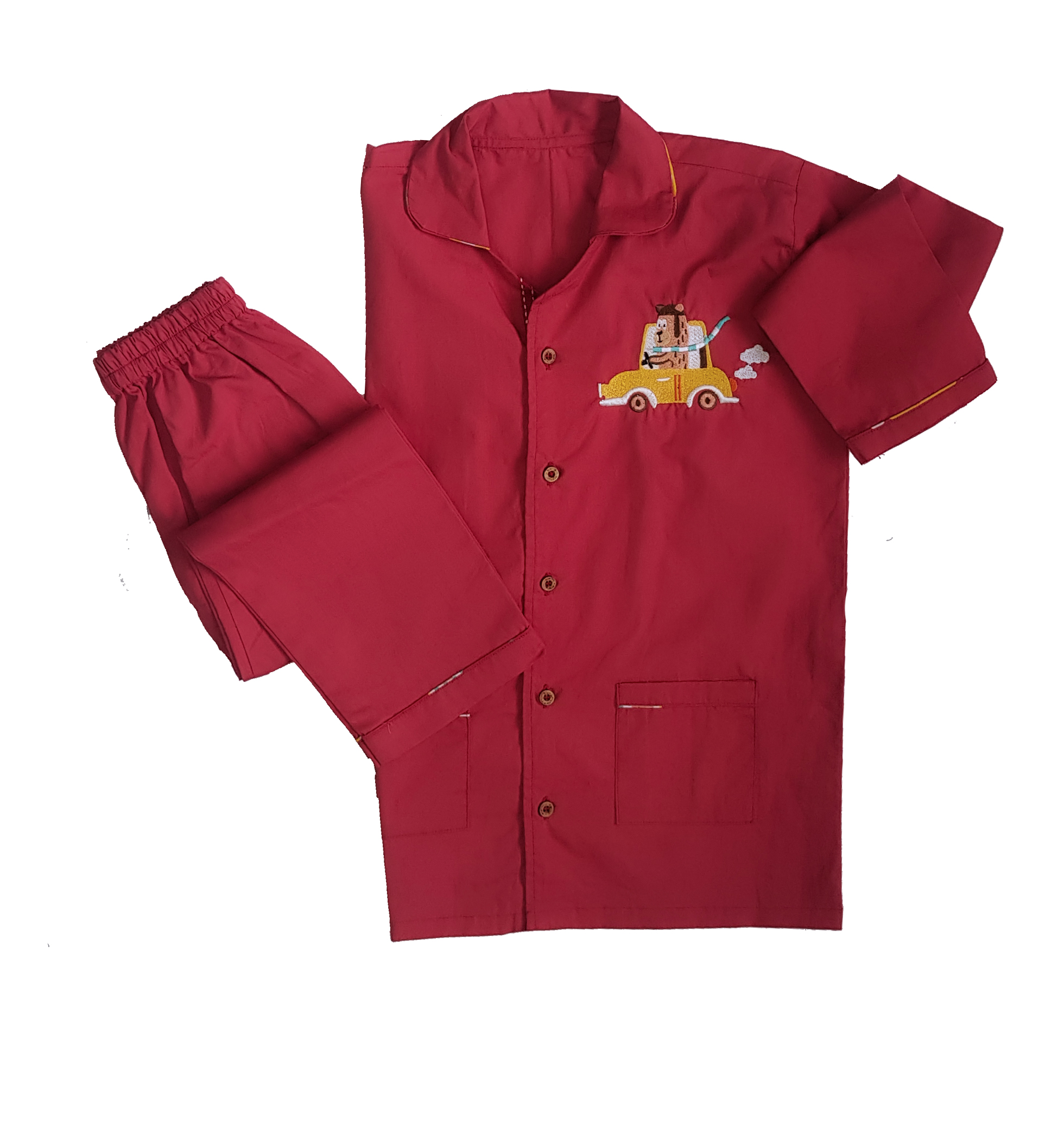 Loungewear - Bear Drive - Regular Collar - Red (Plain Bottom & Tom with Embroidery)