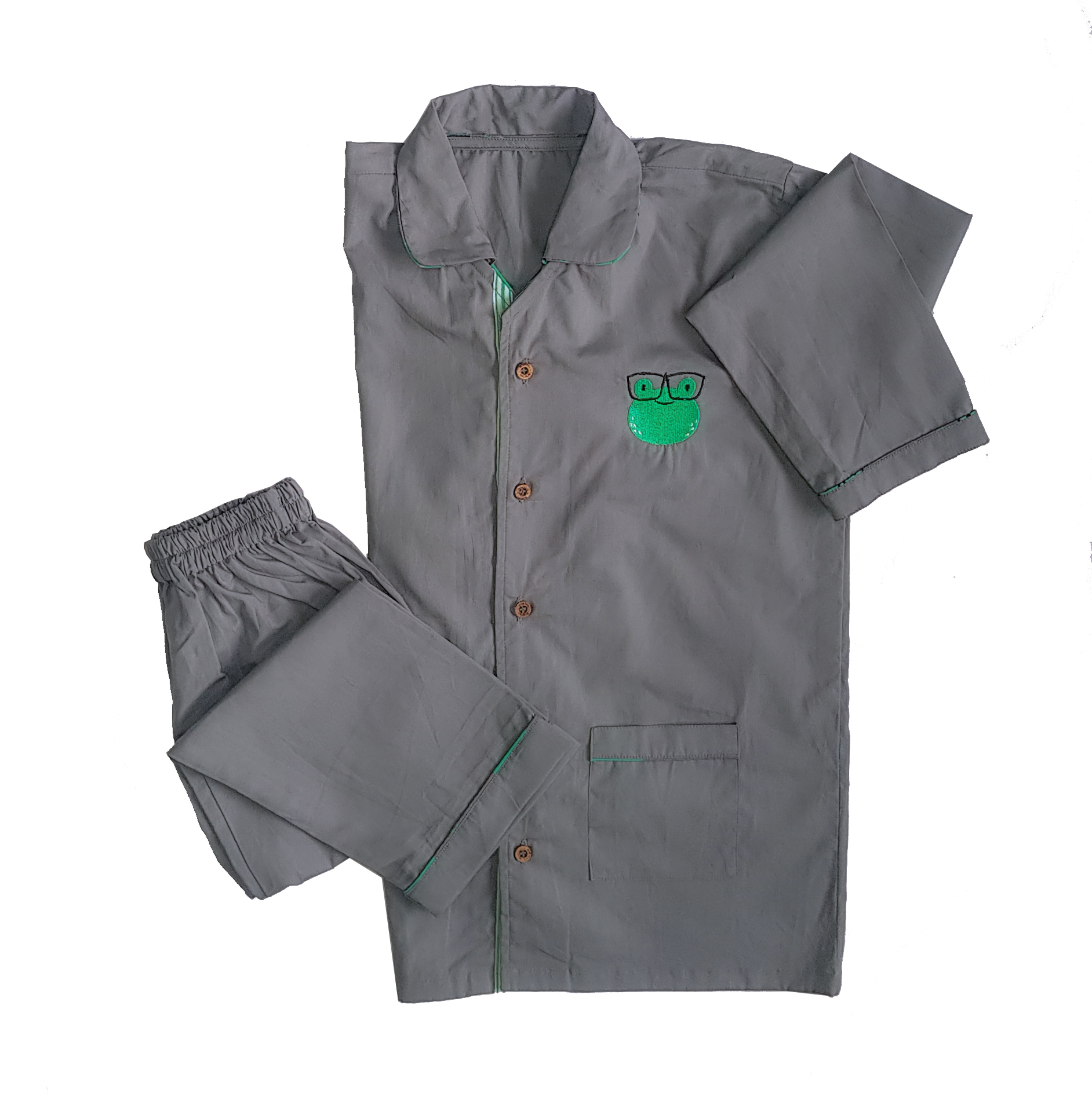 Loungewear - Hippity Hop Froggy - Regular Collar - Grey (Plain Bottom & Top with Embroidery)