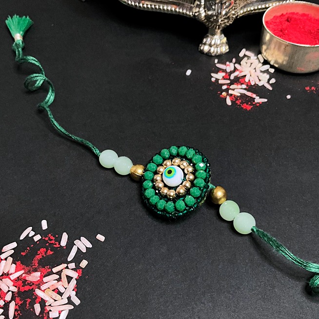 EVERGREEN SHEILD (GREEN EVIL EYE RAKHI + BROOCH)
