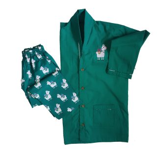 Loungewear - Lazy Lama - Shawl Collar - green (Printed Bottom & Top with Embroidery)