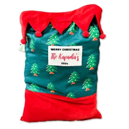 SANTA SACK - GREEN WITH CHRISTMAS TREES